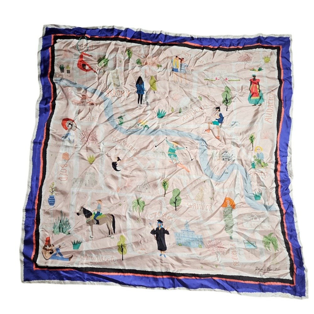 Annie Davidson Illustrated Silk Scarf Map Design Art Square 40x40 Quiet Luxury